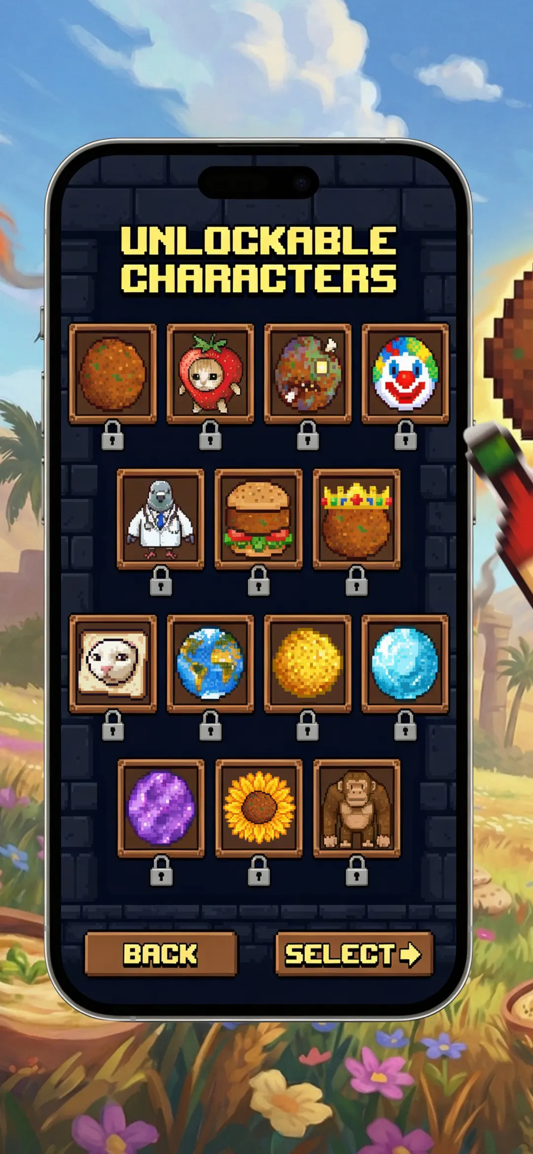 The unlockable characters grid, most of them still locked